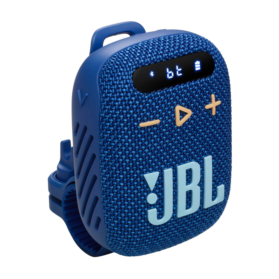 JBL Wind 3 mounted on a bike handlebar for secure outdoor listening.
