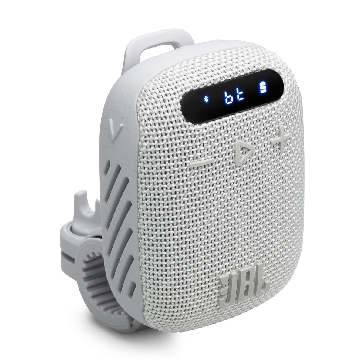 JBL Wind 3 attached to a bicycle handlebar showing secure mount and portability
