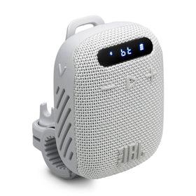 JBL Wind 3 attached to a bicycle handlebar showing secure mount and portability