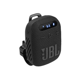 JBL Wind 3 mounted on a bike handlebar for quick docking and secure listening.