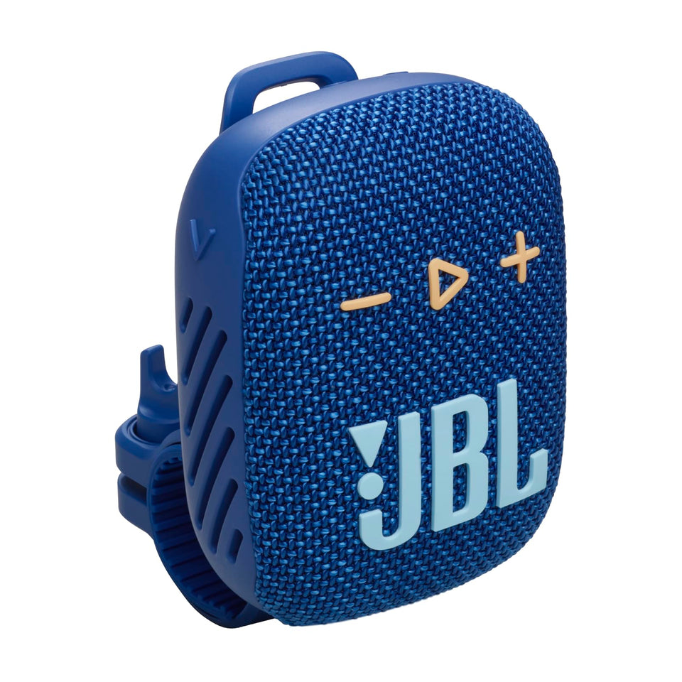JBL Wind 3S mounted on a bike handlebar with slim, secure mount for on-the-go music.