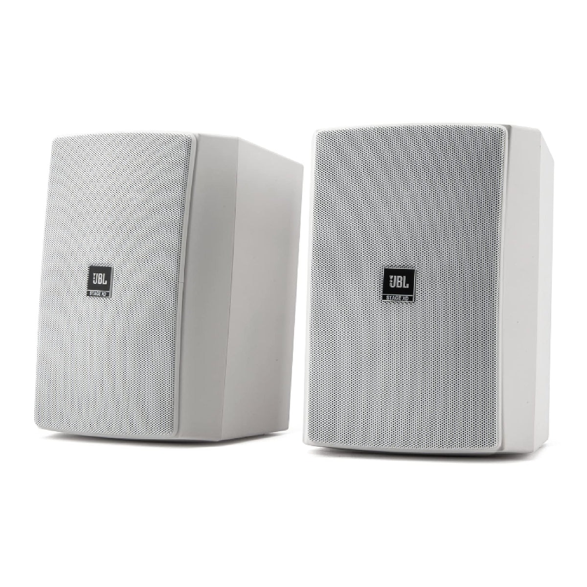 JBL XD-5 front view in white, versatile indoor-outdoor speaker pair.