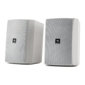 JBL XD-5 front view in white, versatile indoor-outdoor speaker pair.