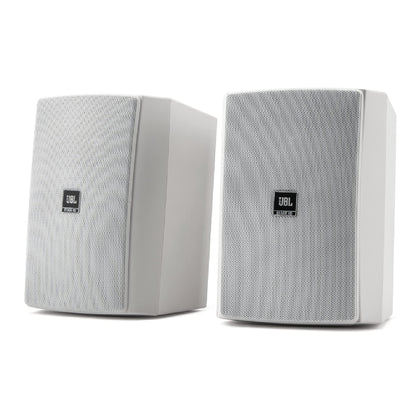 JBL XD-5 front view in white, versatile indoor-outdoor speaker pair.
