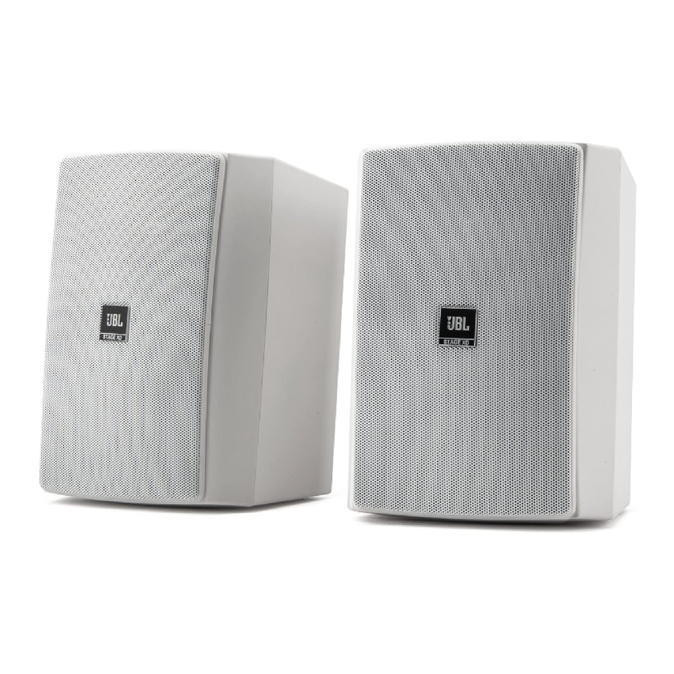JBL XD-5 front view in white, versatile indoor-outdoor speaker pair.