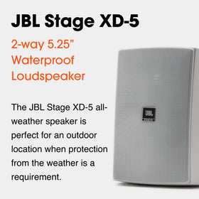 JBL XD-5 woofer and tweeter close-up with graphite-filled cone.