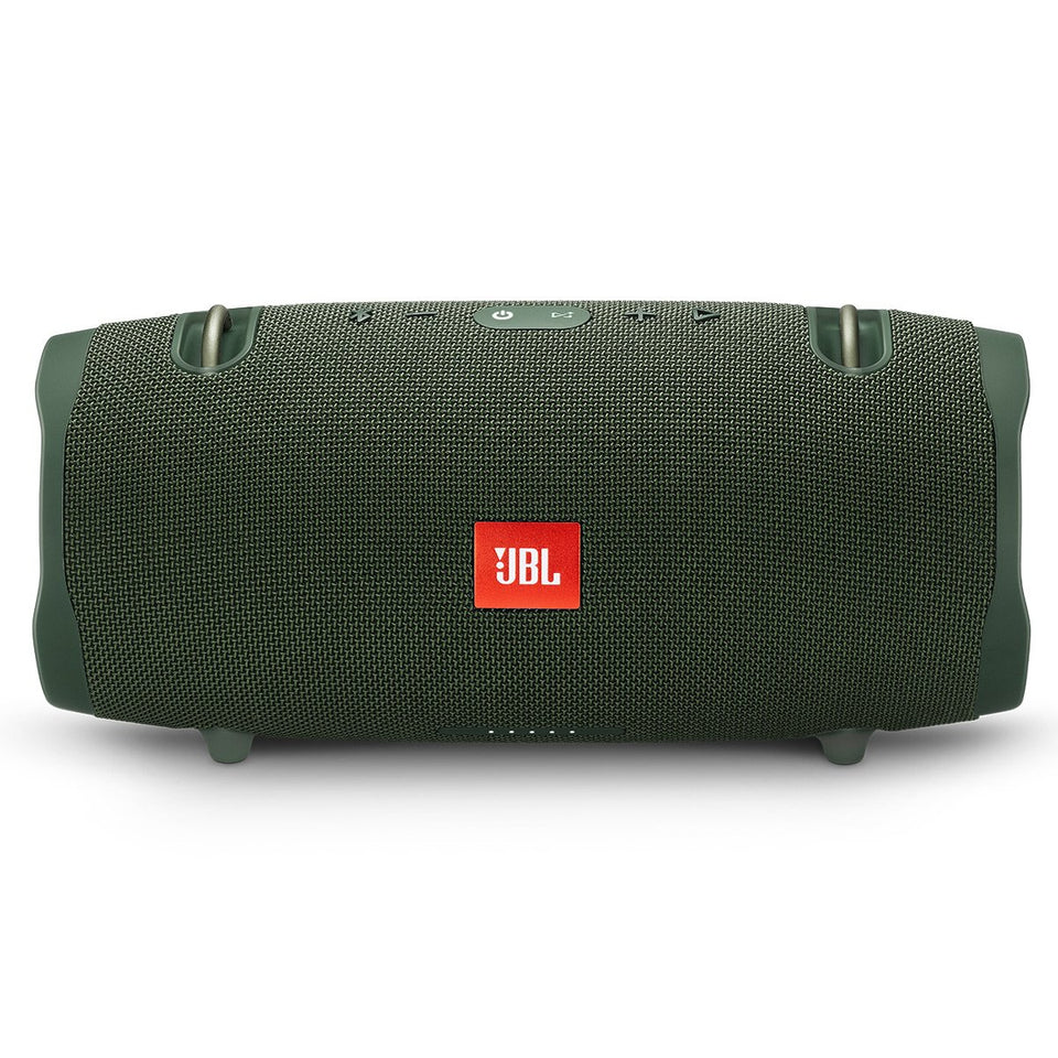 JBL Xtreme 2 Green front-angle view showing bold outdoor sound for big gatherings.