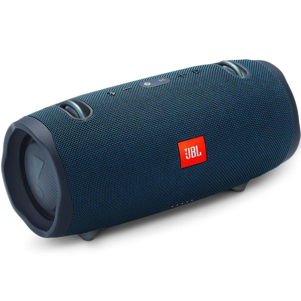 JBL Xtreme 2 blue portable speaker with waterproof design for poolside listening.