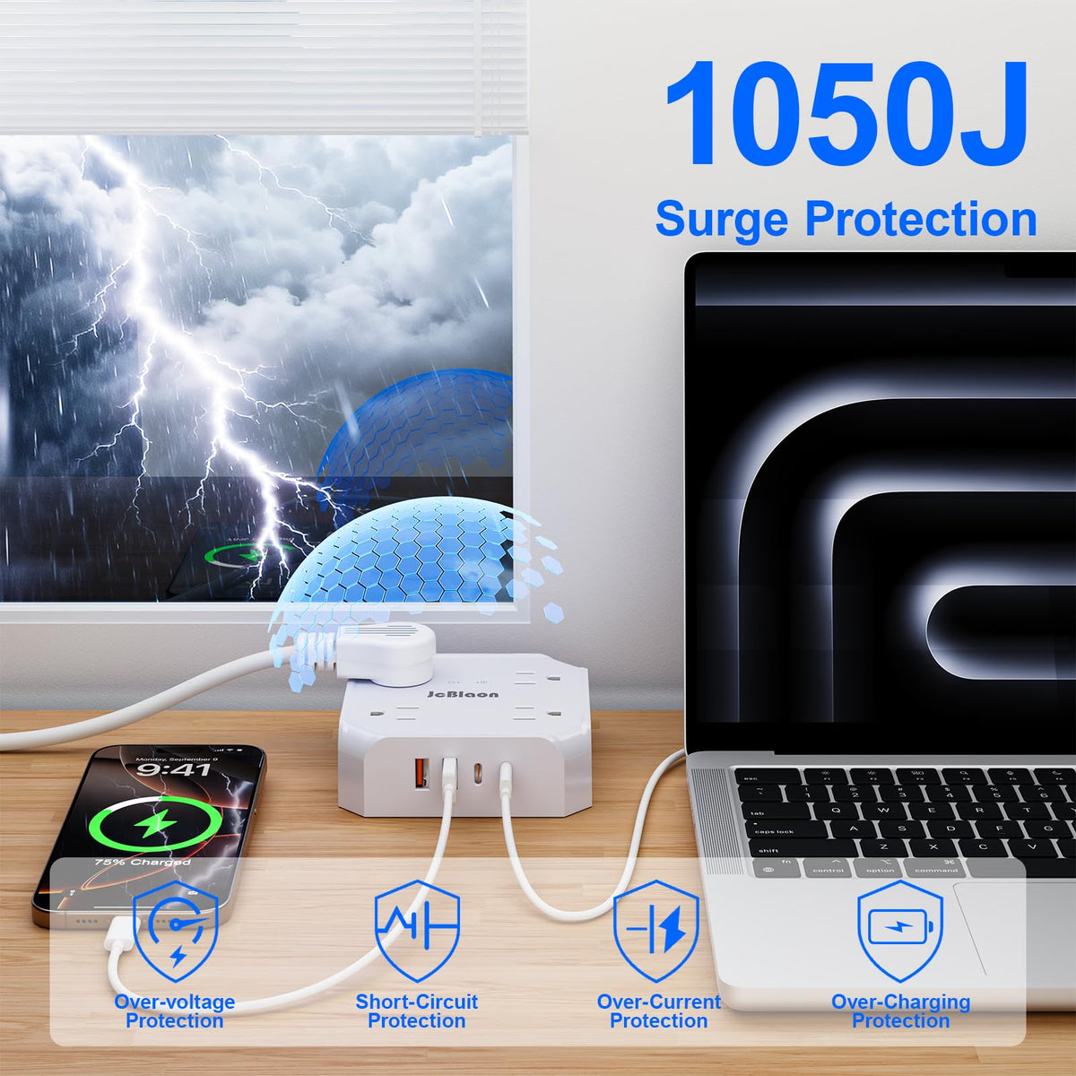 JcBlaon 45-degree flat plug saves outlet space.