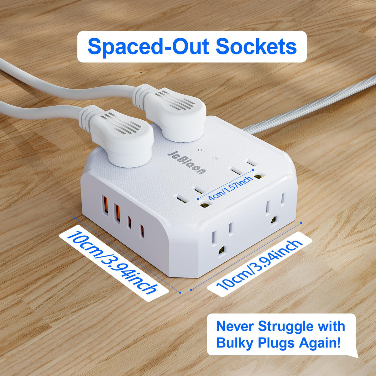 JcBlaon dual USB-C ports enable fast charging for compatible devices.