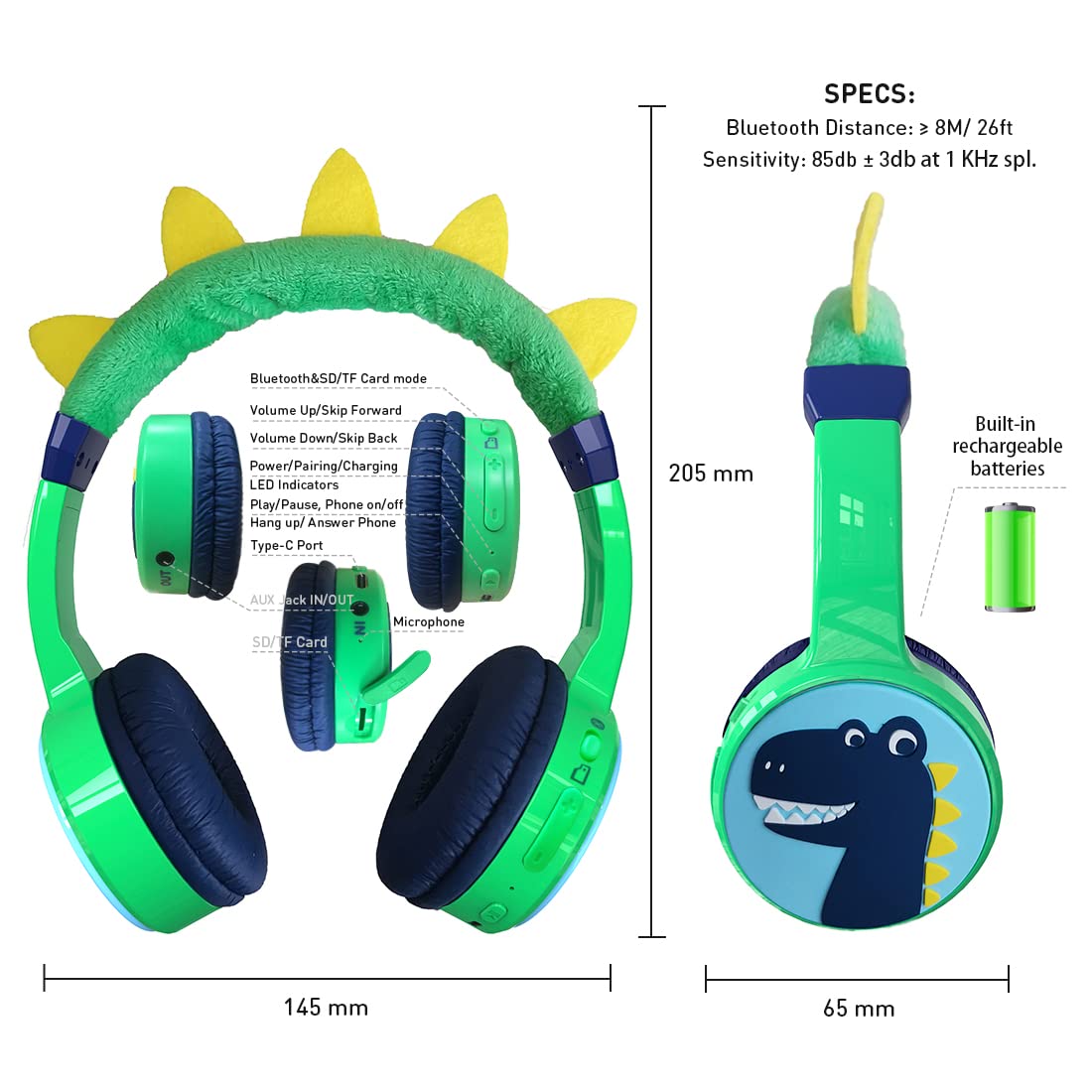 JBUNION Dinosaur design kids headphones ideal as a thoughtful gift.