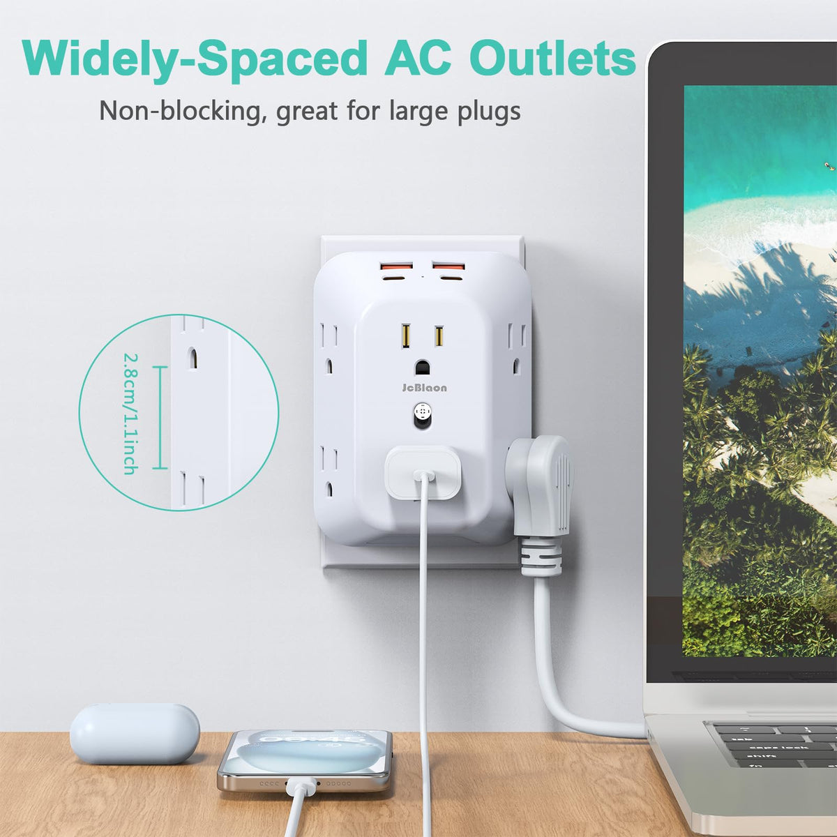 JcBlaon 1-1 inch outlet spacing allows large adapters to share the strip