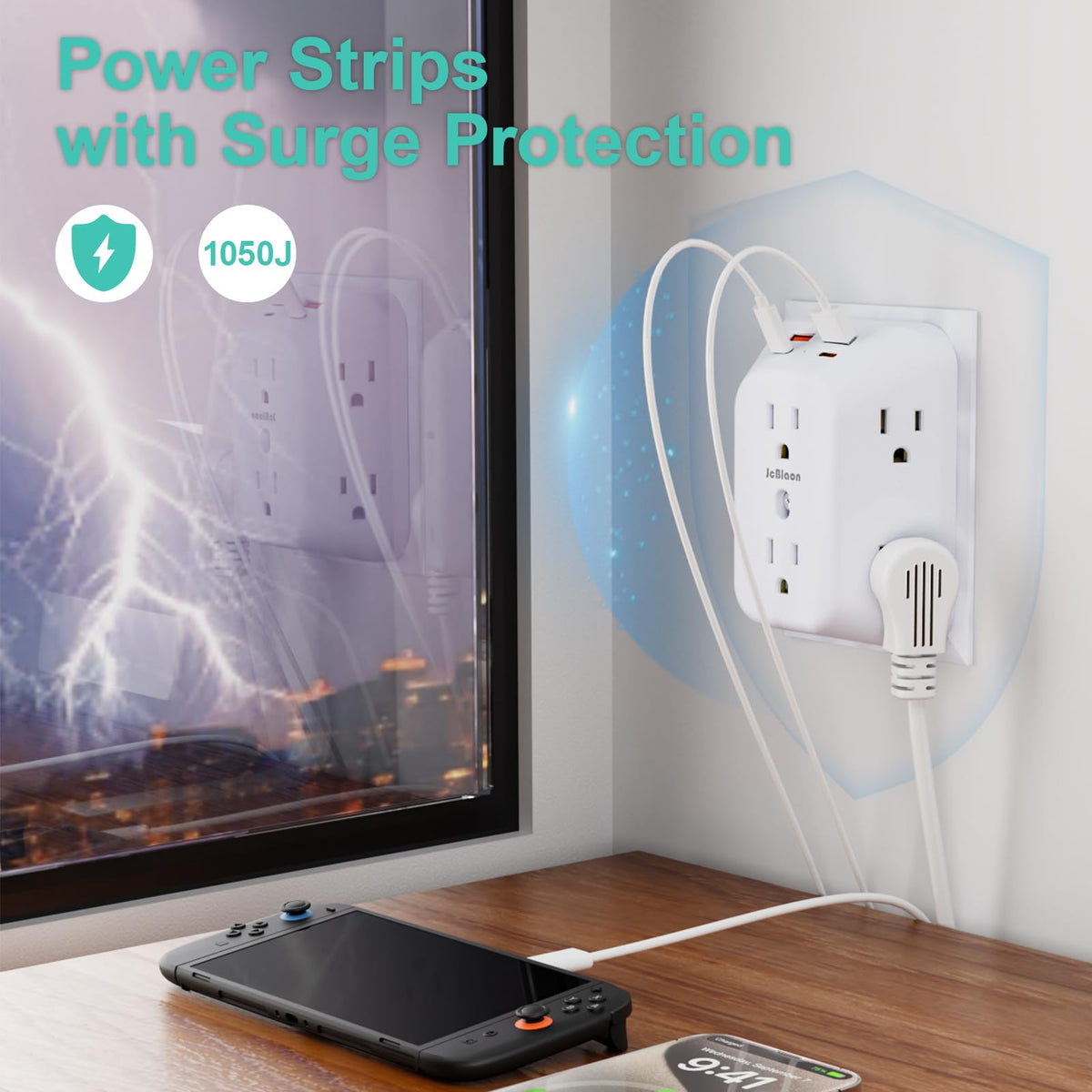 JcBlaon 1050 joules surge protection protects electronics from spikes