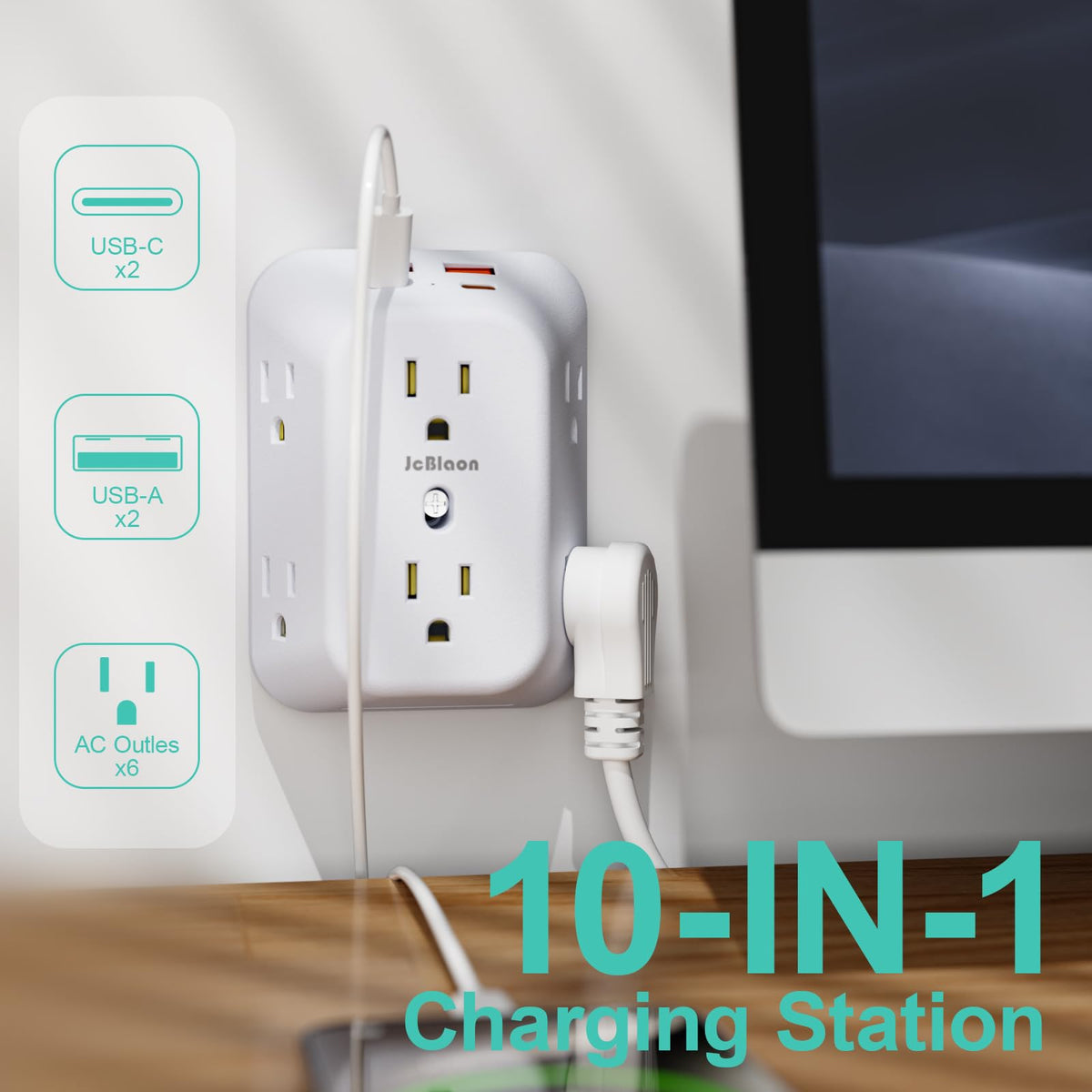 JcBlaon four-sided power strip layout to fit six large plugs without blocking