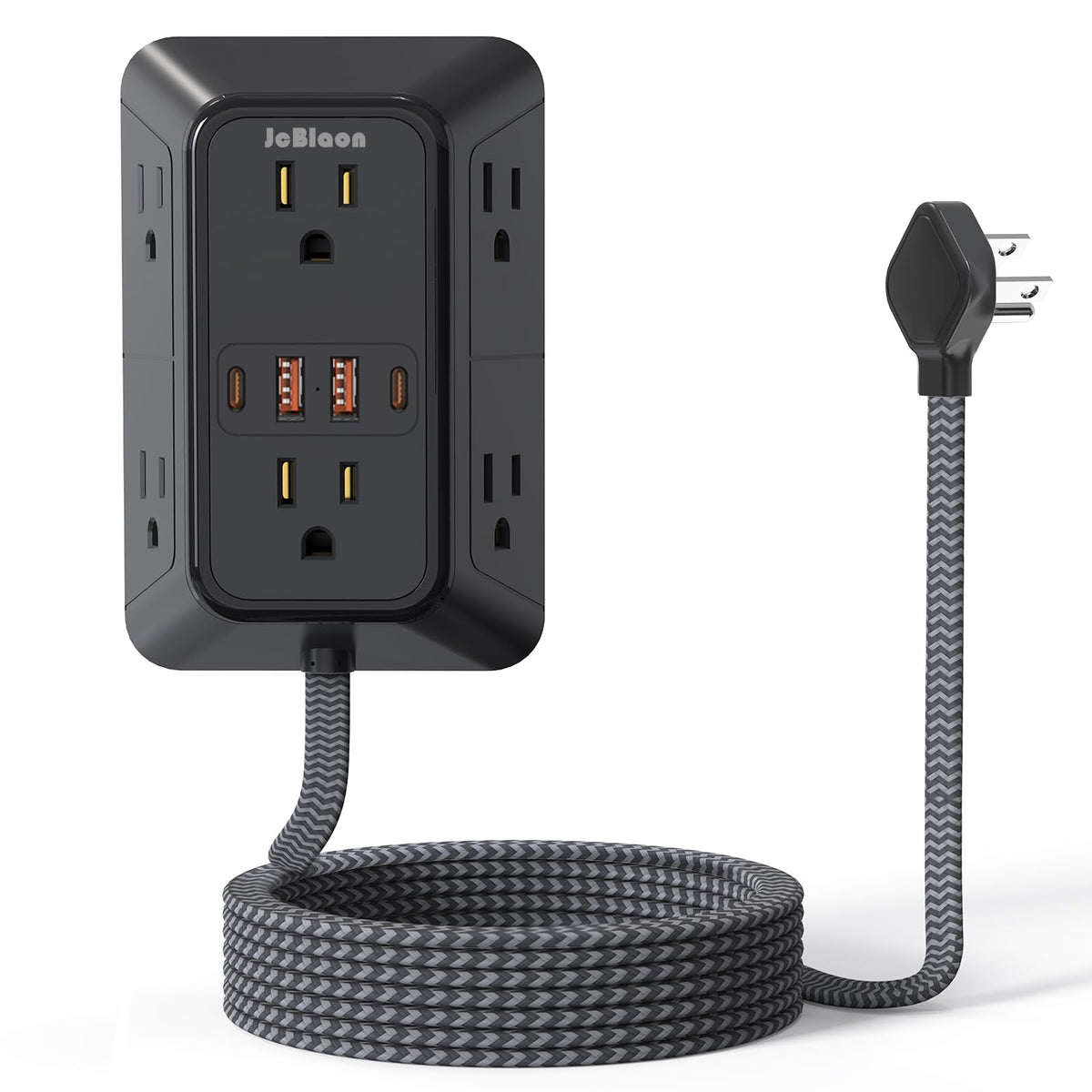 JcBlaon surge protector front view with six outlets and USB ports for versatile power.