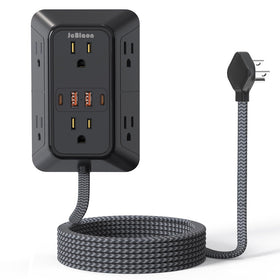 JcBlaon surge protector front view with six outlets and USB ports for versatile power.