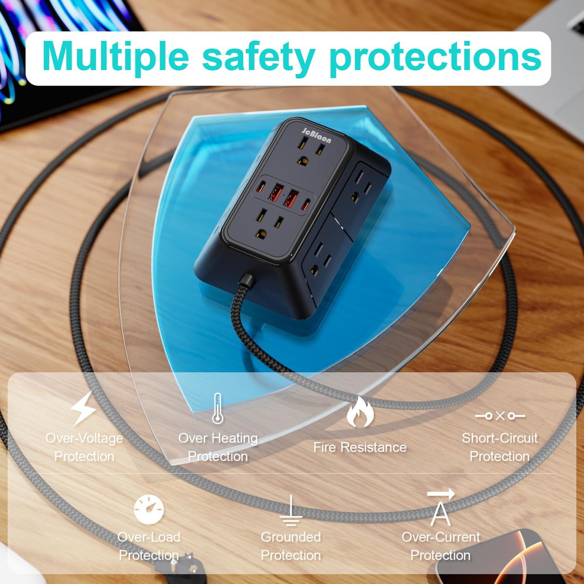 JcBlaon surge protector travel-compact design fits bags and dorm rooms.
