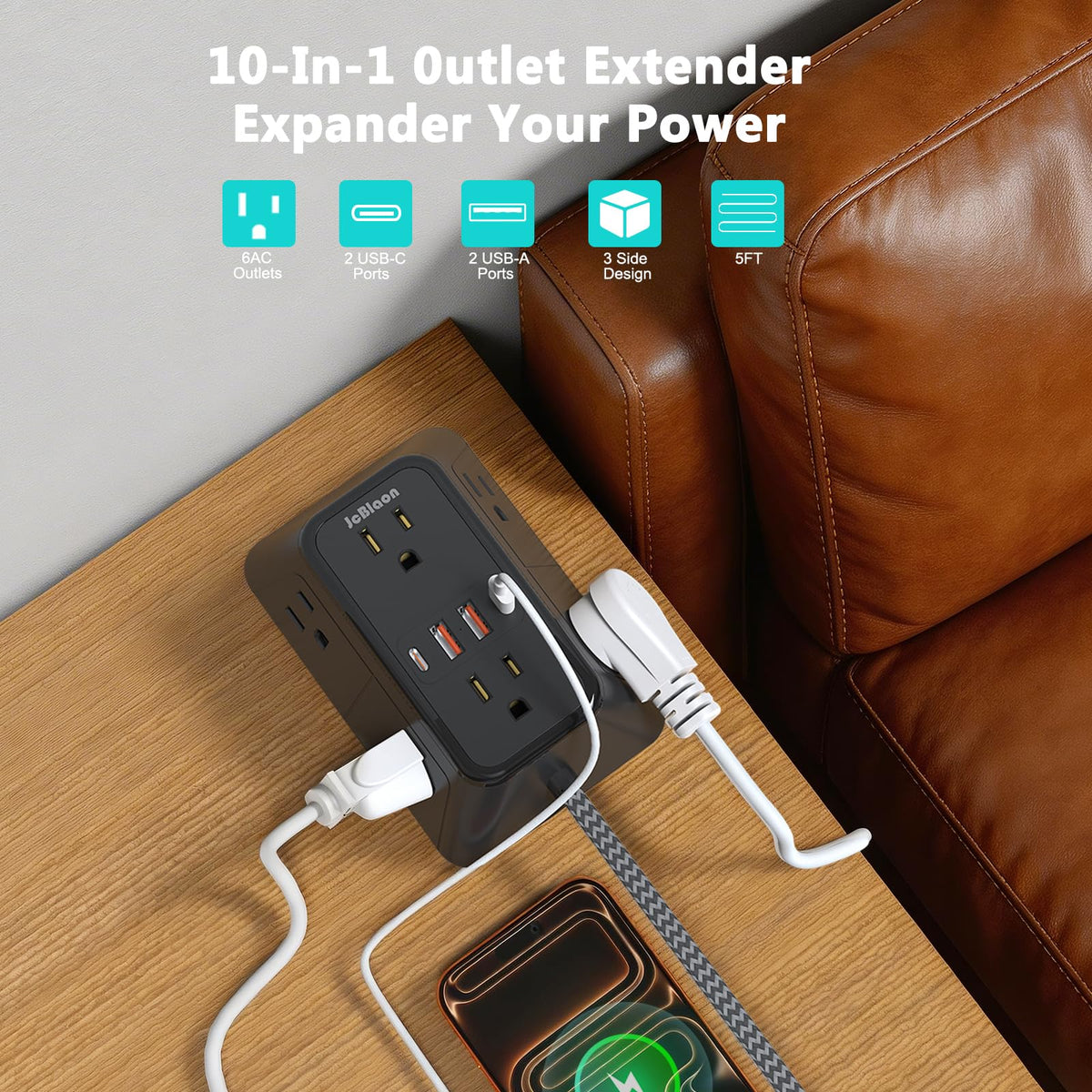 JcBlaon surge protector USB ports show smart charging for multiple devices.