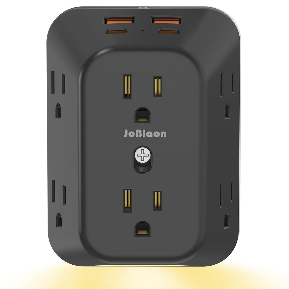 JcBlaon 10-in-1 surge protector with night light for organized charging.