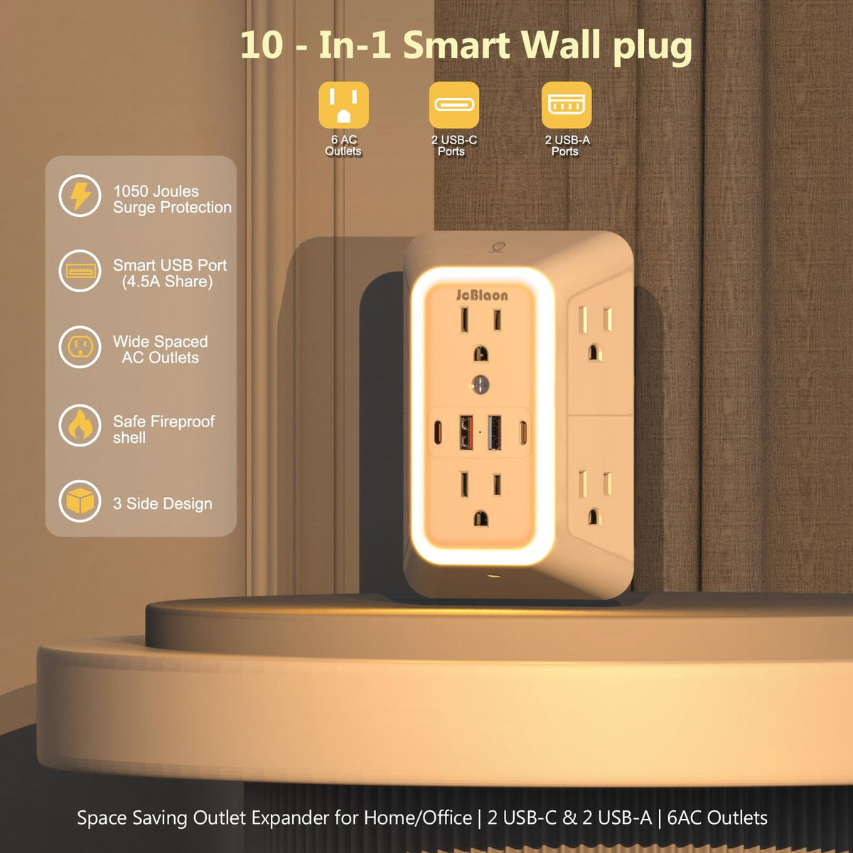 JcBlaon 10-in-1 USB wall outlet organized for multiple devices.