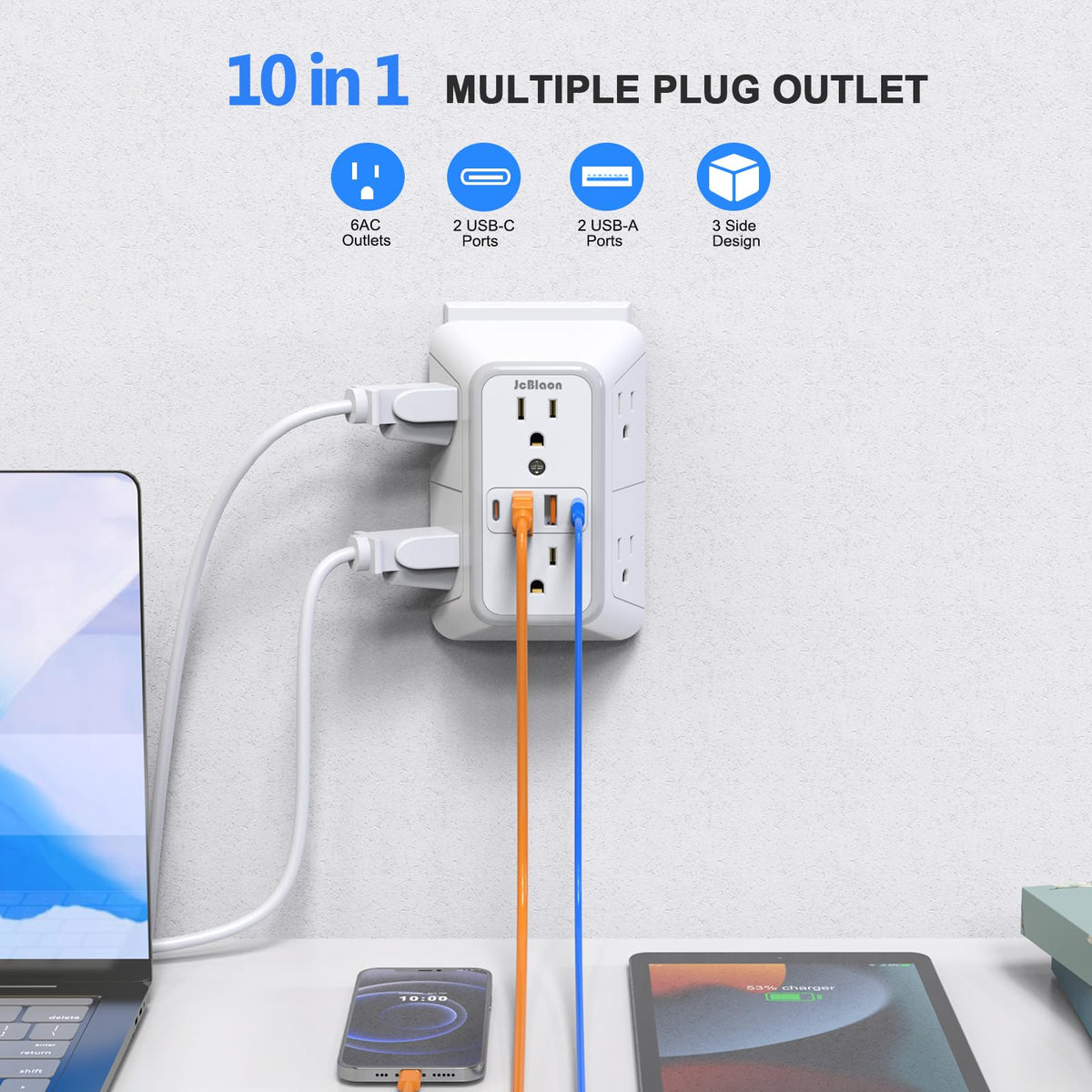 JcBlaon wall outlet with four USB ports enables smart charging for multiple devices.