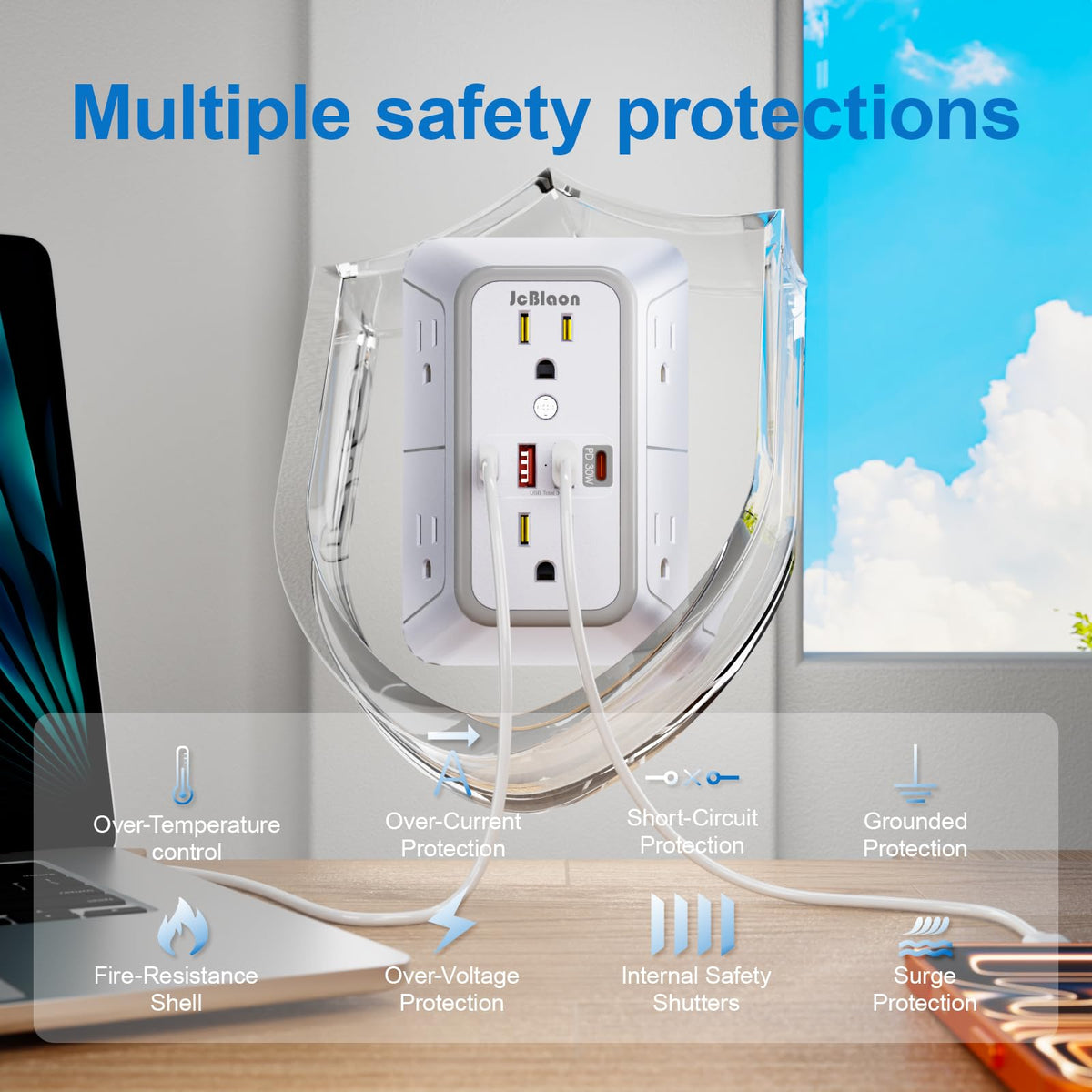 JcBlaon compact power strip ideal for dorms, desks, and travel setups.