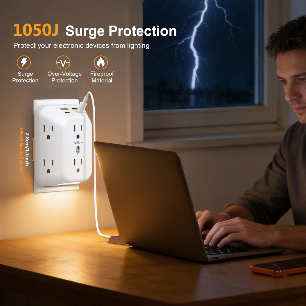 JcBlaon Outlet Extender features 1050 Joules surge protection for electronics
