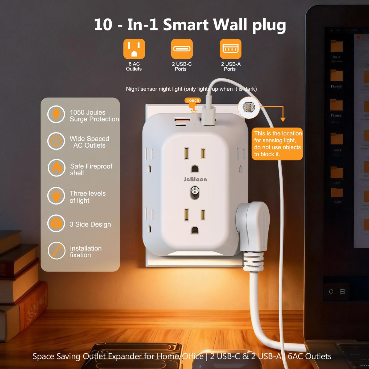 JcBlaon Outlet Extender with USB-A and USB-C ports for multiple devices