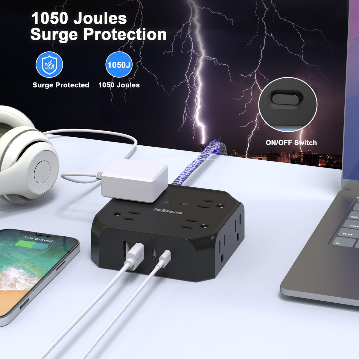 JcBlaon 15-foot extension cord extends reach to distant outlets in any room.