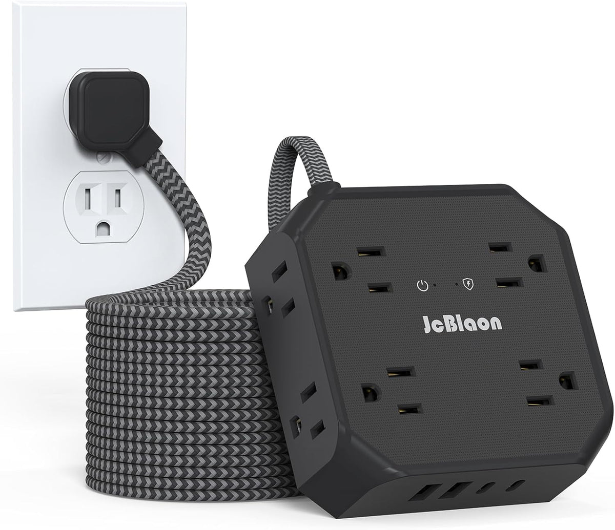 JcBlaon surge protector with eight outlets and four USB ports for clutter-free charging.