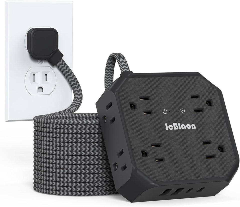 JcBlaon surge protector with eight outlets and four USB ports for clutter-free charging.