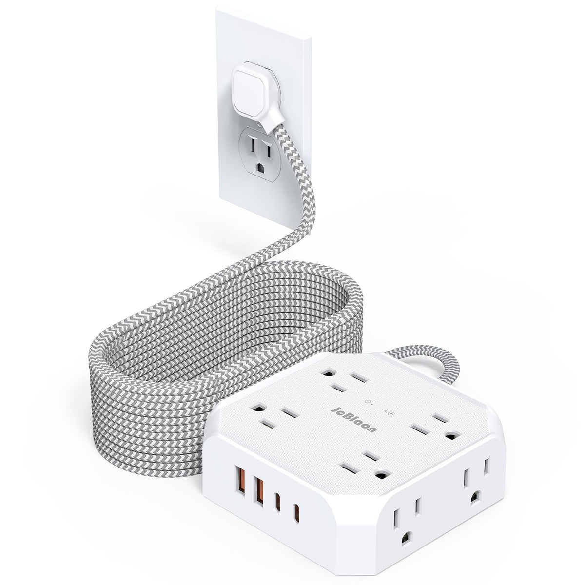 JcBlaon surge protector with flat 10ft plug for tight-space charging at home.
