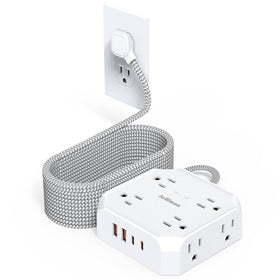 JcBlaon surge protector with flat 10ft plug for tight-space charging at home.