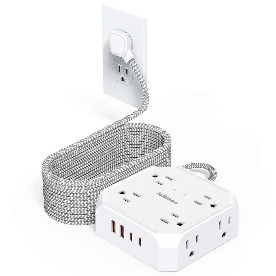JcBlaon surge protector with flat 10ft plug for tight-space charging at home.