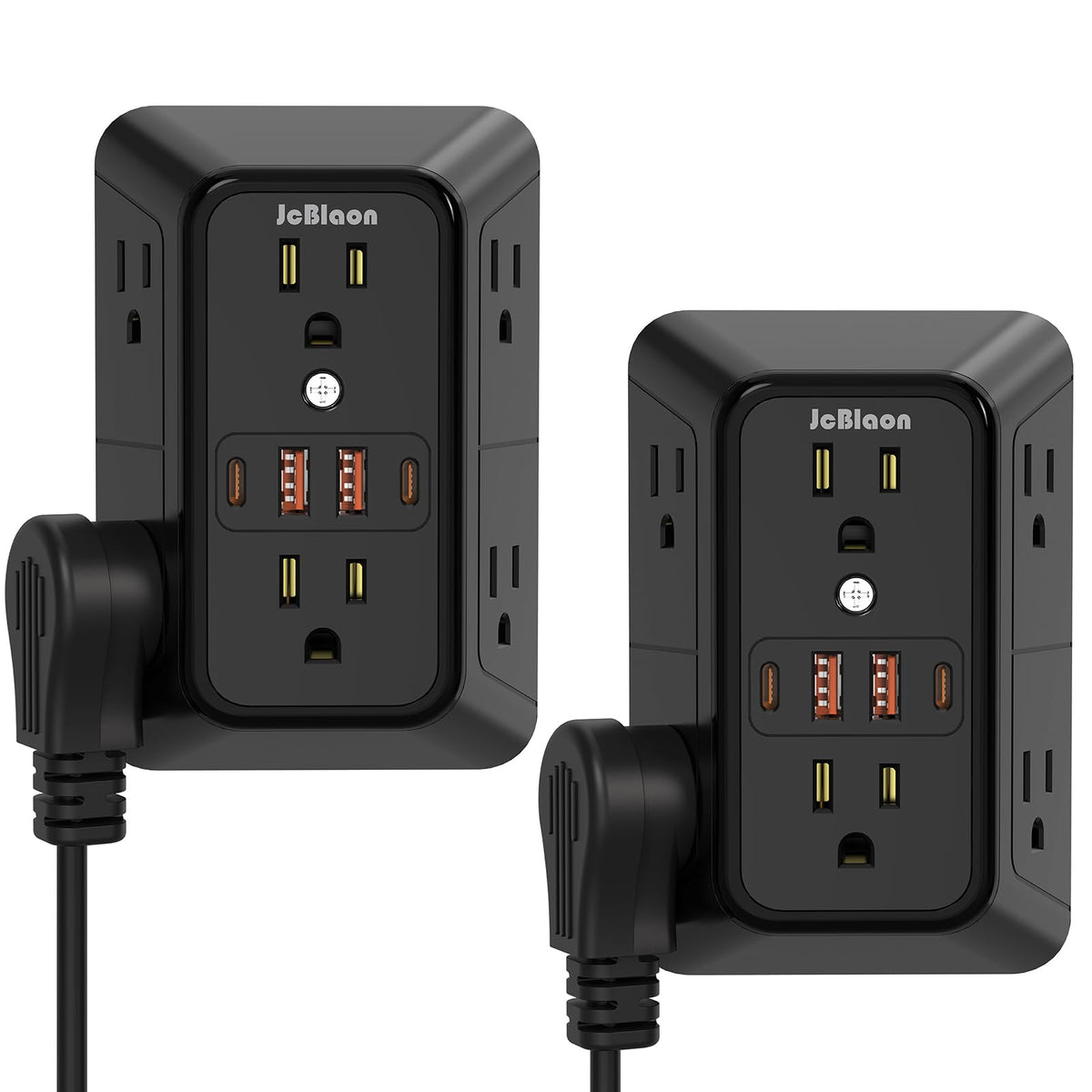 JcBlaon surge protector with 6 outlets and 4 USB ports for organized charging.
