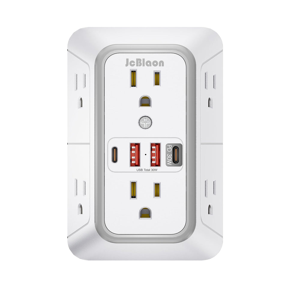 JcBlaon surge protector outlet extender with 6 outlets and 4 USB ports for versatile charging.