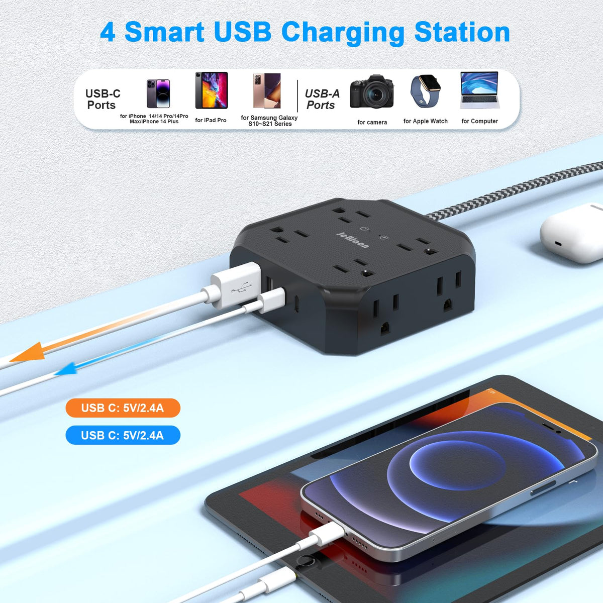 JcBlaon ultra-thin flat plug design fits behind furniture without blocking outlets.