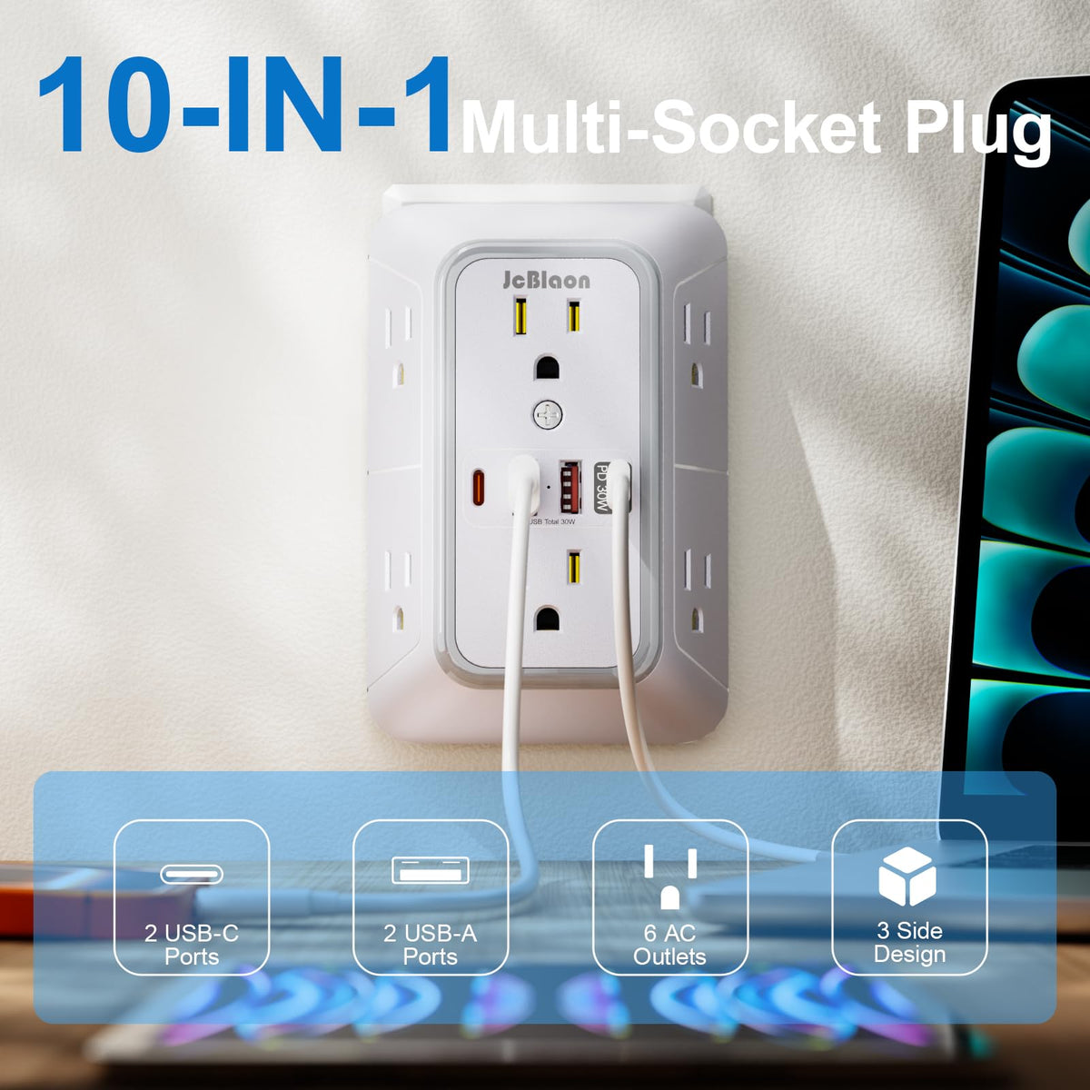 JcBlaon three-sided 1050J surge protection protects devices during travel and home use.