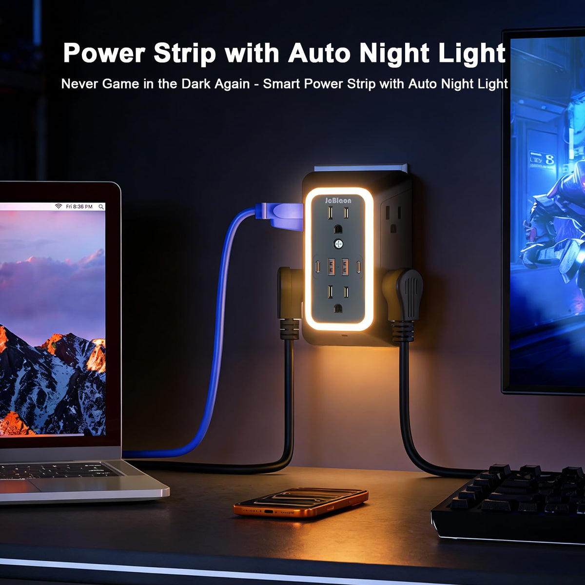 JcBlaon compact power strip ideal for travel, dorms, and offices.