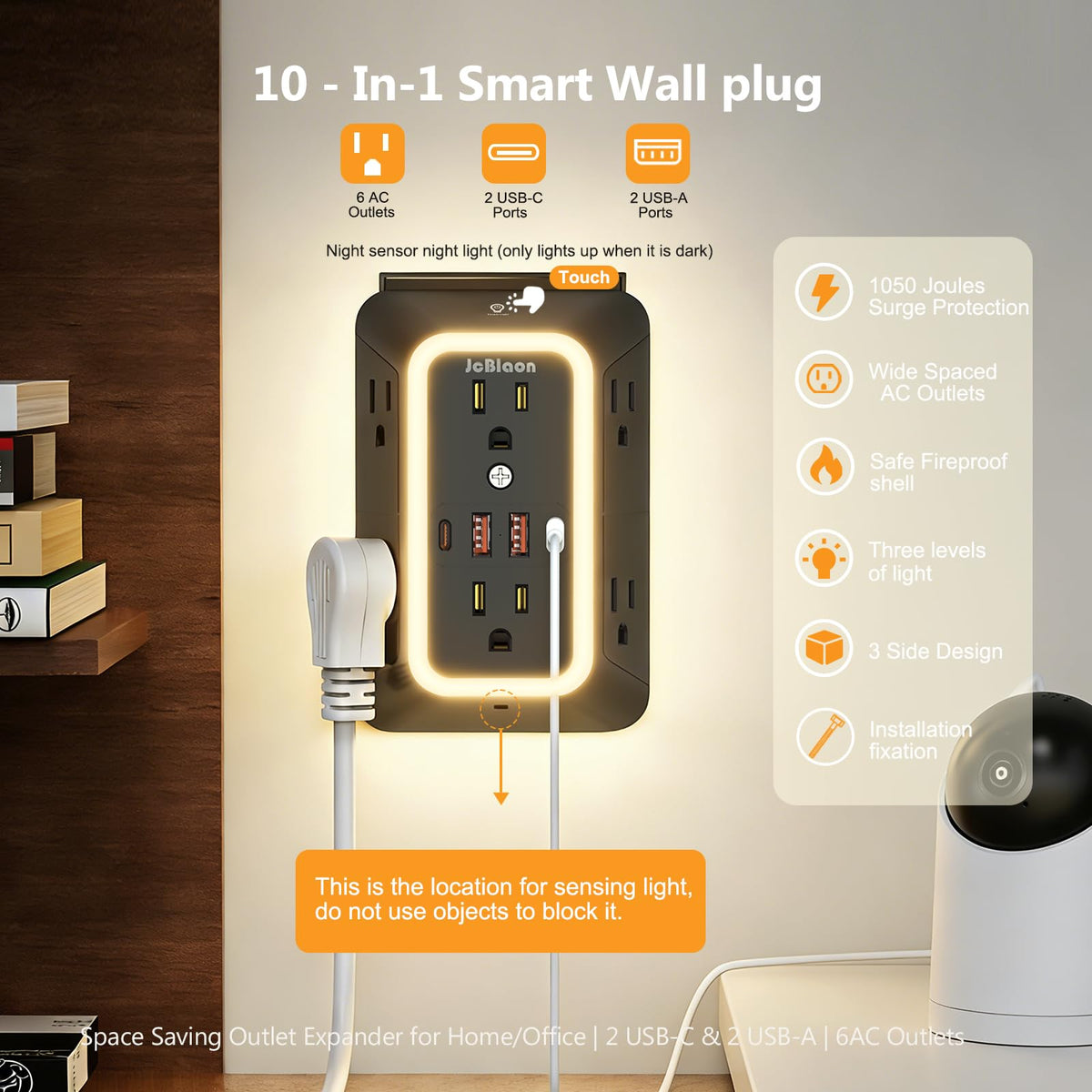 JcBlaon wall outlet with USB-A and USB-C ports for smart charging.