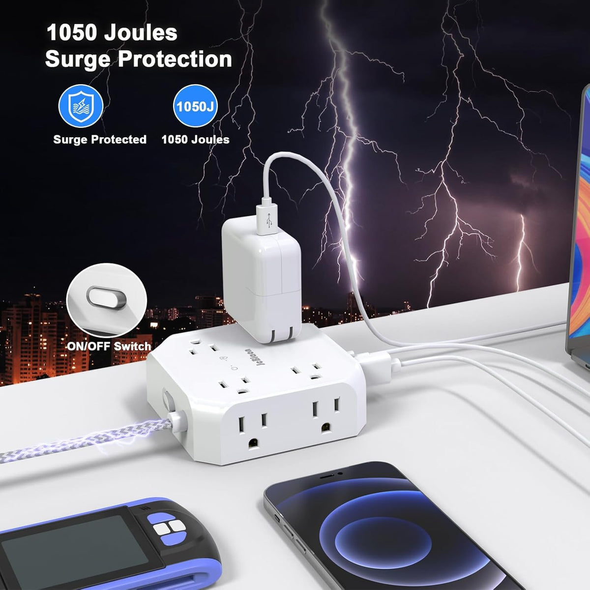 JcBlaon four-port USB charging station with USB-A and USB-C ports for versatile charging.