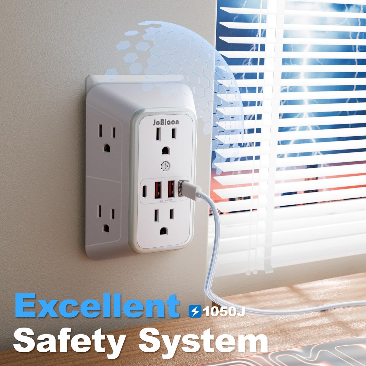JcBlaon wide-gap outlet design eases connection of bulky adapters for home or office.