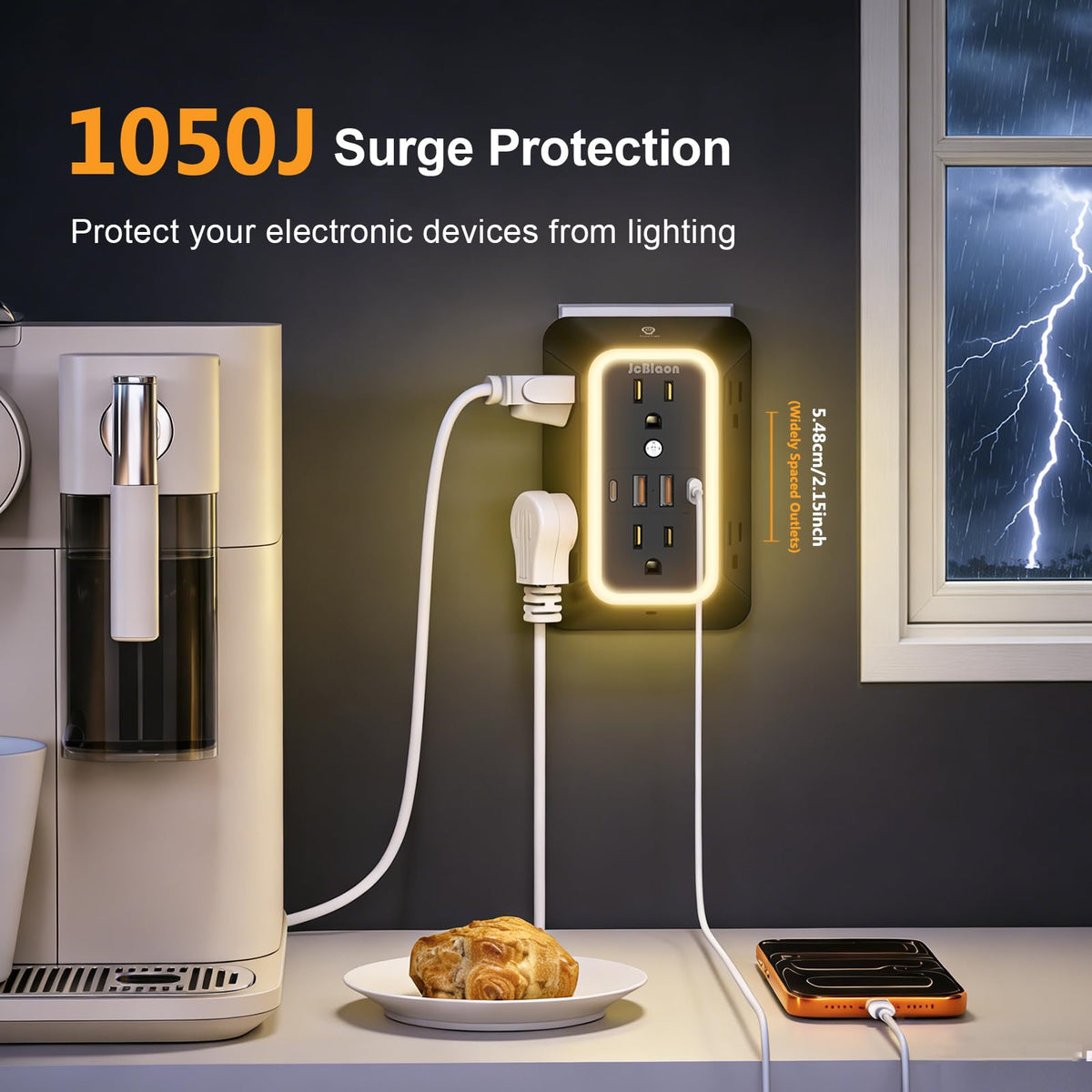 JcBlaon wide-space outlet design fits large plugs without blocking.