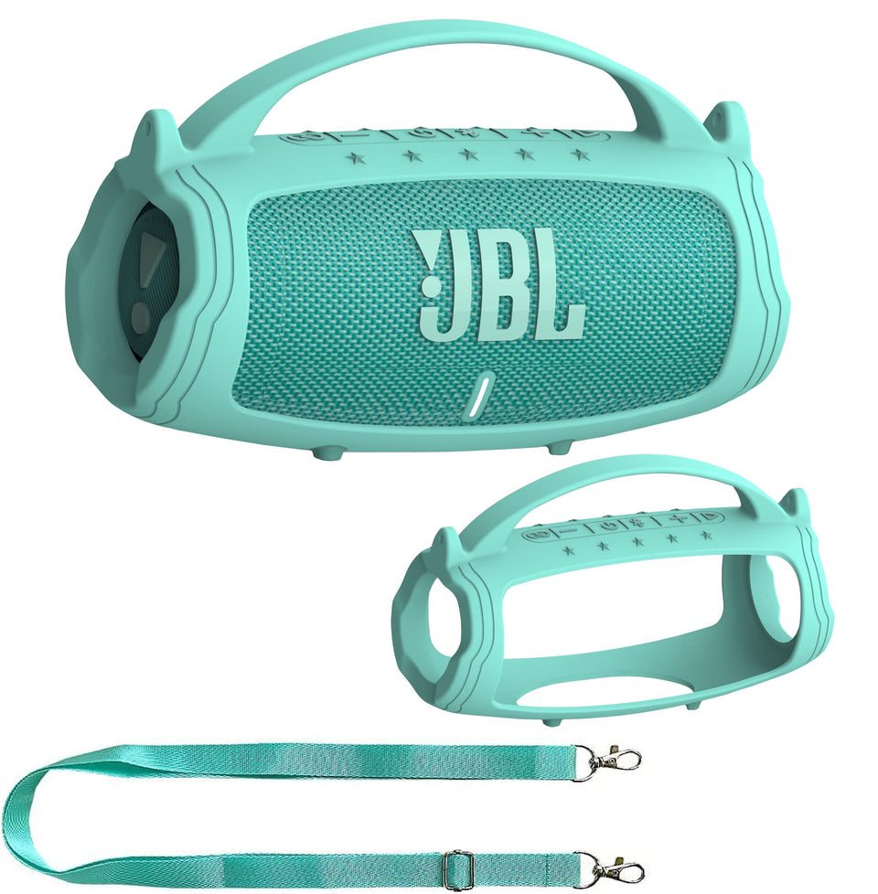 JCHPINE teal silicone cover for JBL Charge 5 keeps the speaker protected.