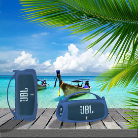 JCHPINE JBL Charge 5 blue silicone cover with included shoulder strap for travel.