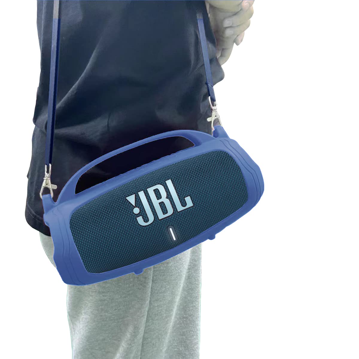 JCHPINE blue silicone cover with shoulder strap attached for portable use.