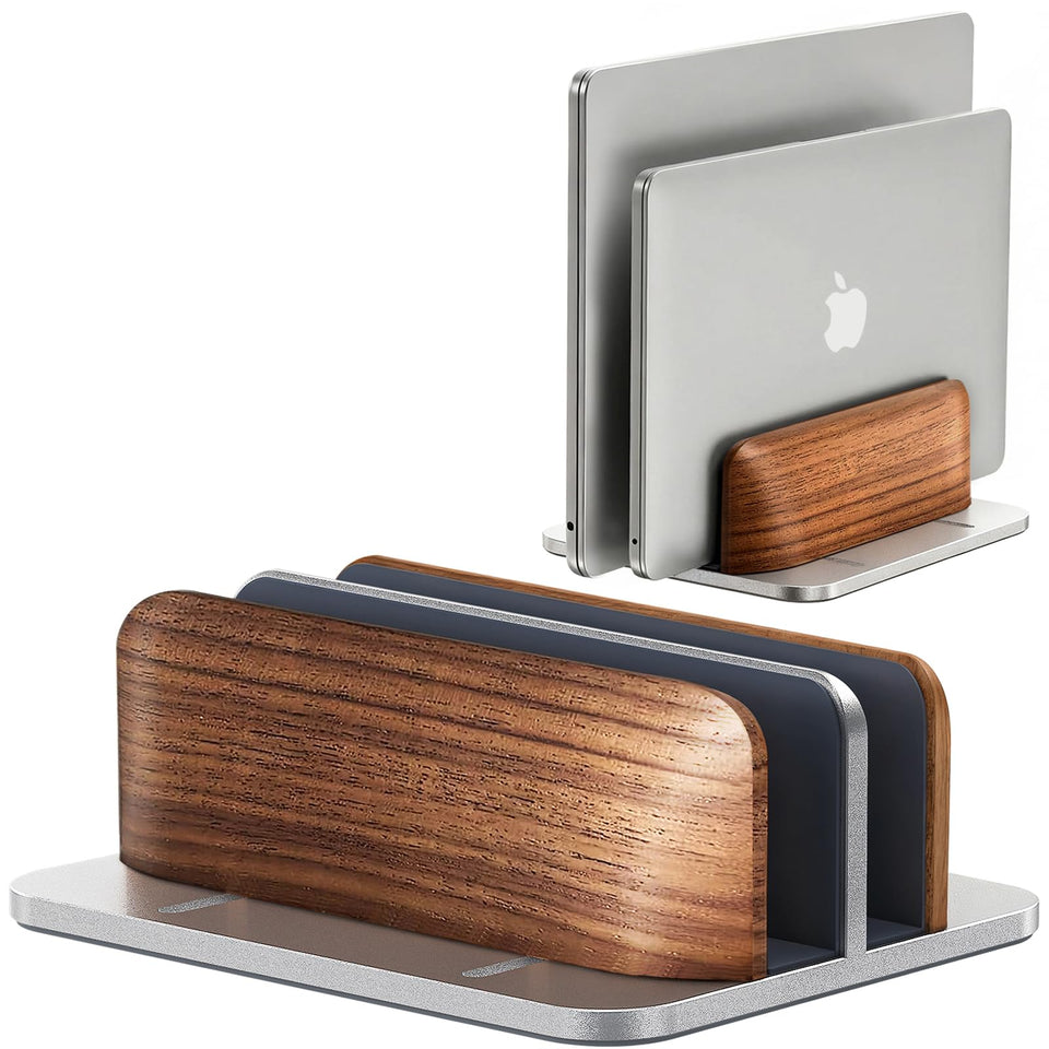 JCZT vertical laptop stand with walnut dual base for stable two-device setup.