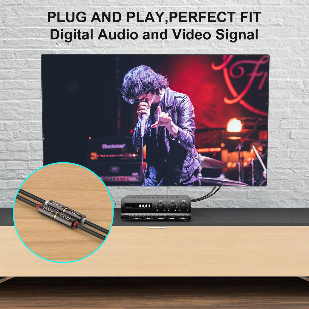 J&D 2RCA extension cable in a hi fi rack setup for enhanced sound quality.