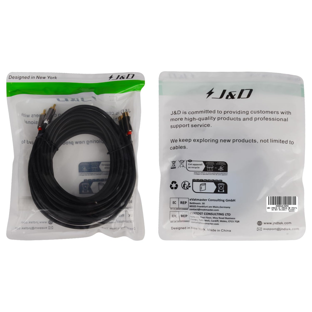 J&D 2RCA extension cable includes quick setup and clear packaging for easy installation.