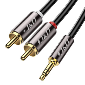 J&D 3.5mm to RCA cable full-length view with gold-plated ends for home theater setup